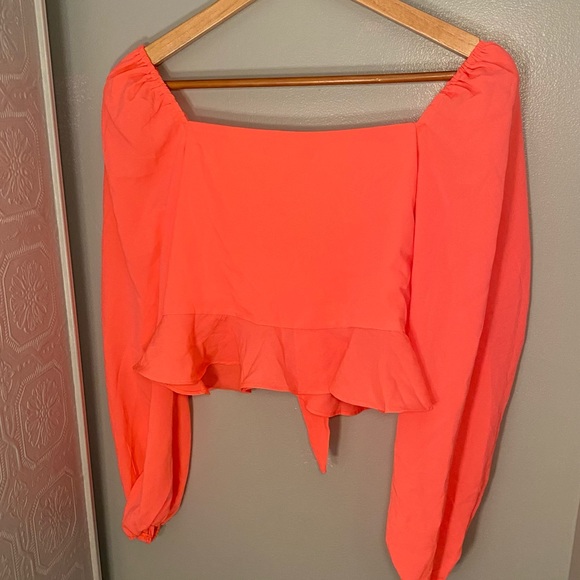 Bright coral pink long sleeve tie up top, size XS - Picture 2 of 2